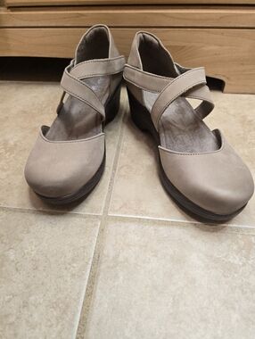 Alegria Taupe Cross-Strap Wedge Mary Jane